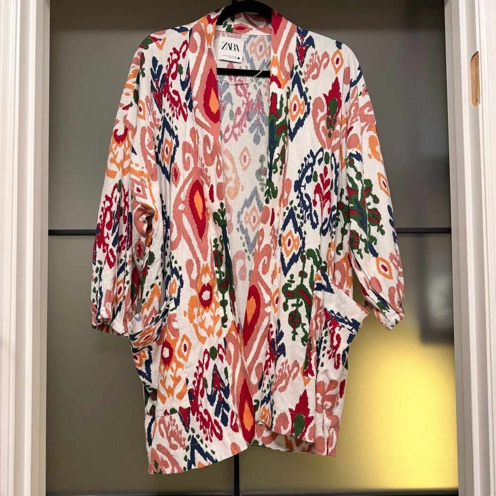 Zara Hanoi Kimono Ikat Print Open Front Cardigan Linen Blend No Belt Small - Picture 2 of 7